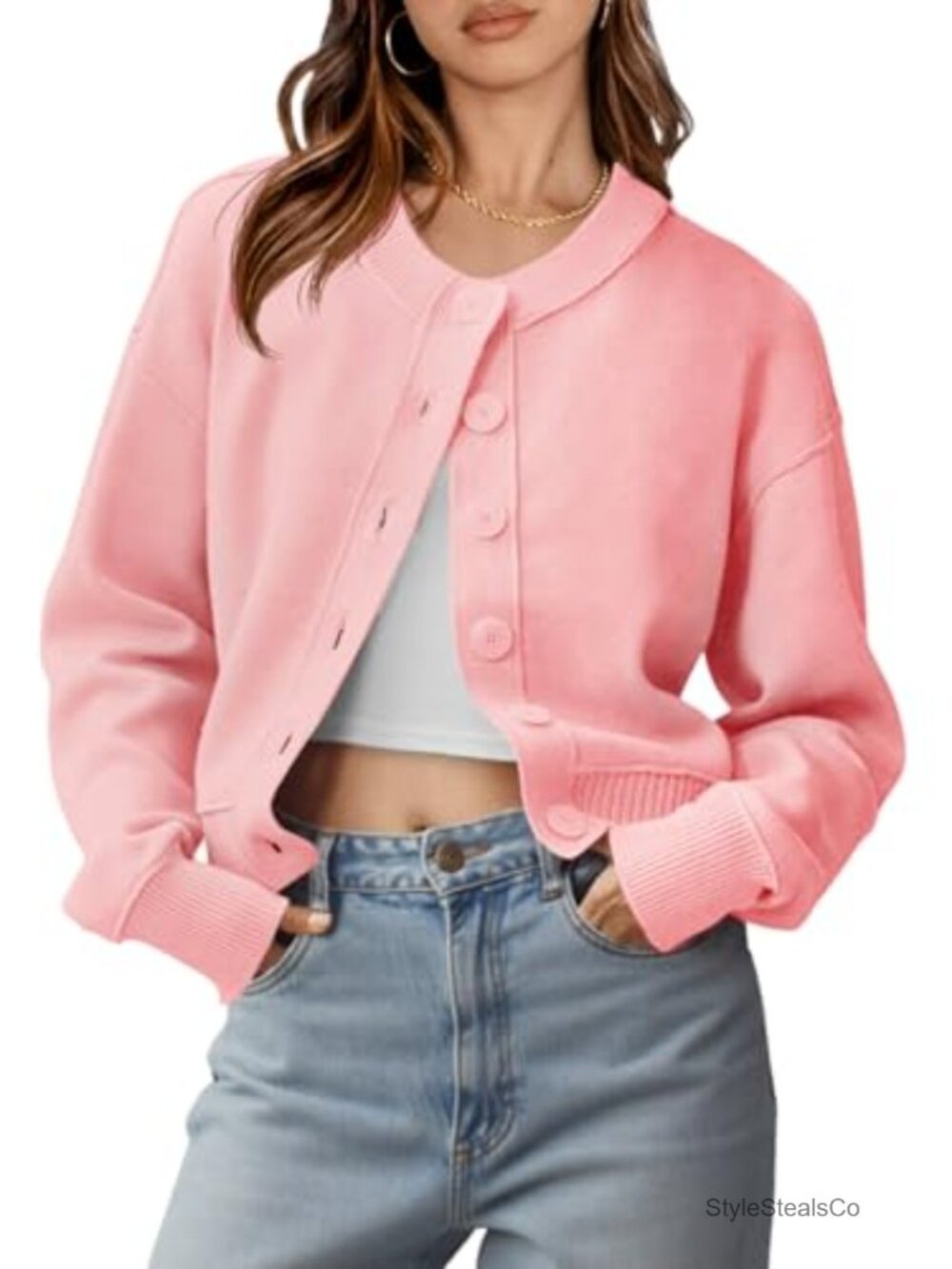 Womens Button Up Knit Cardigan Cropped Sweater Jacket Crew Neck Long Sleeve
